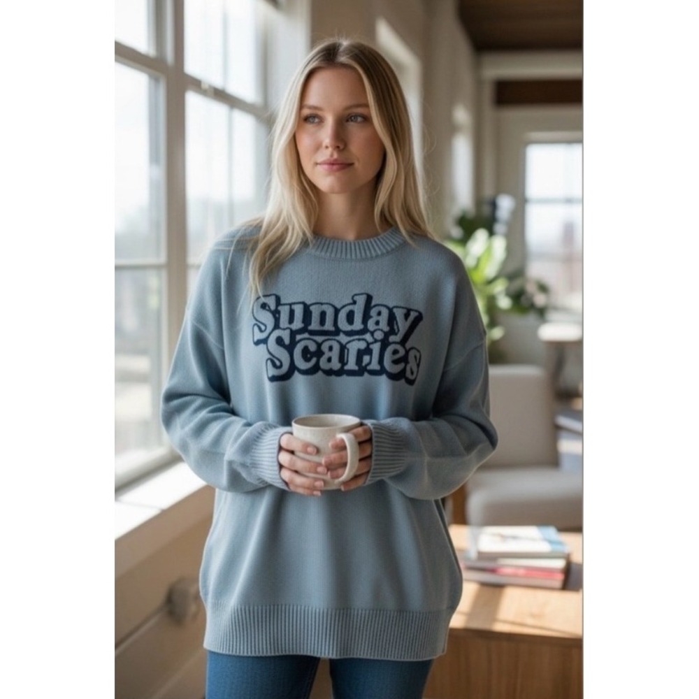 NWT Sincerely Jules Sunday Scaries Crewneck Blue Knit Graphic Sweater M